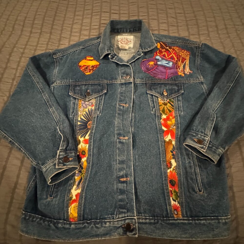 Venezia Jean Jacket size 14 / 16 asian design patches like new women - I1297